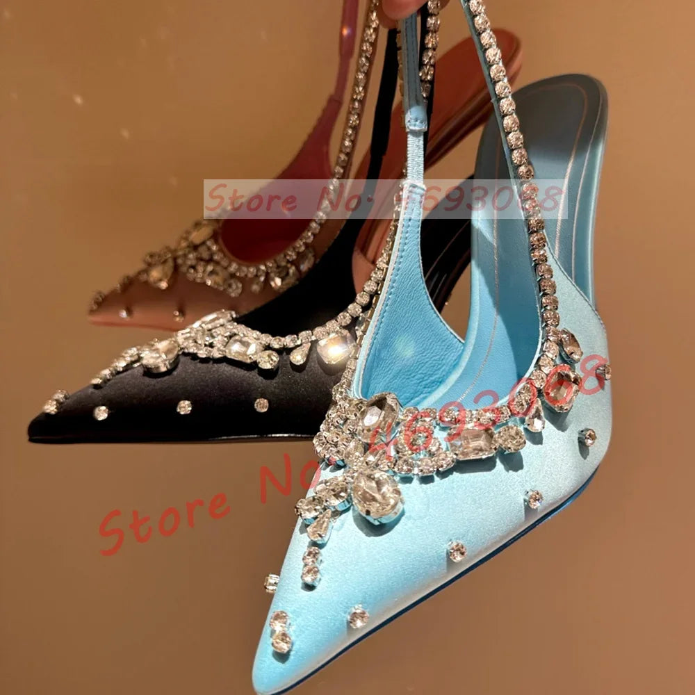 Luxury Crystal Flowers Back Strap Sandals Ladies Trendy Pointy Toe Classy Gems Satin Sandal Women Real Leather Evening Shoes