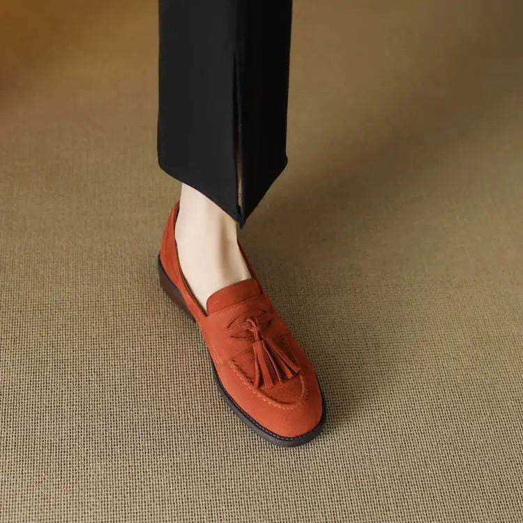 Women's loafers leather shoes Spring New Products Genuine leather sheepskin Nubuck Leather Black/Green/Orange Tassel decoration