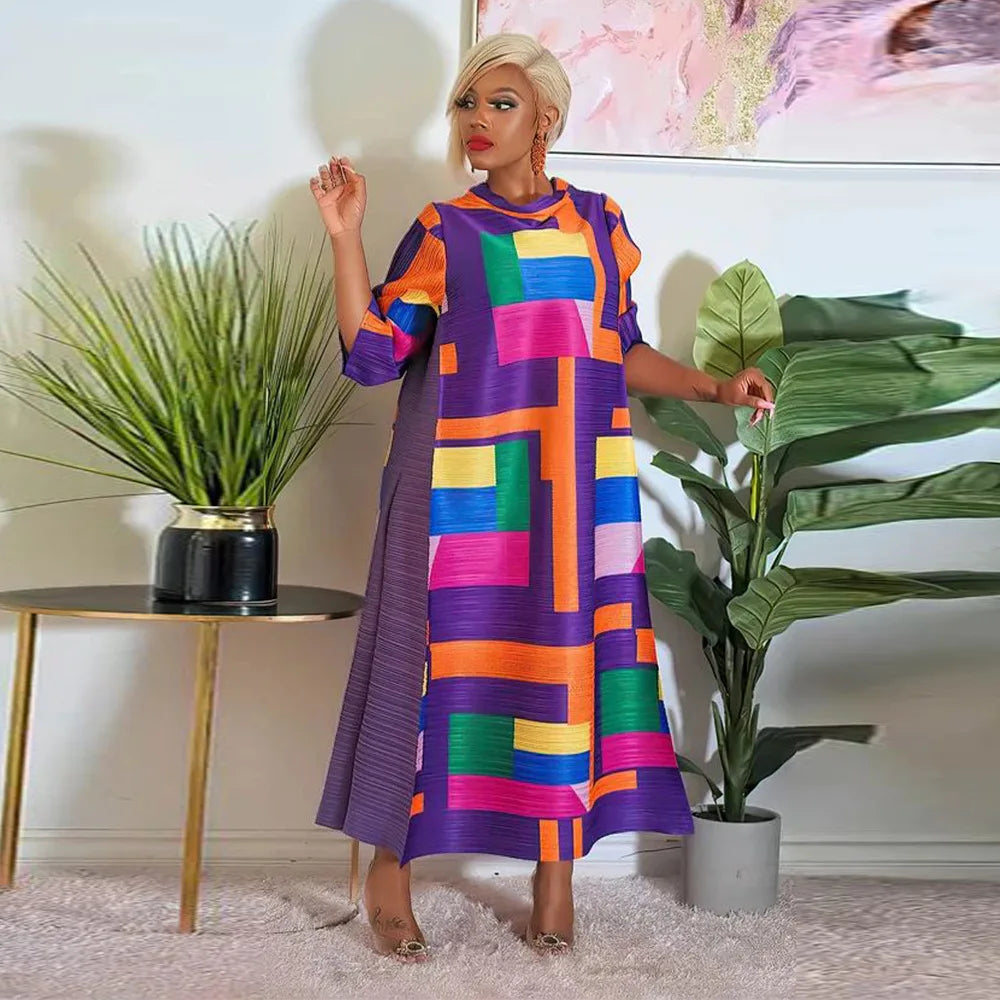 African Dresses for Women Summer Fashion Style African 3/4 Sleeve Polyester O-neck Pleated Dress Dashiki African Clothes Women