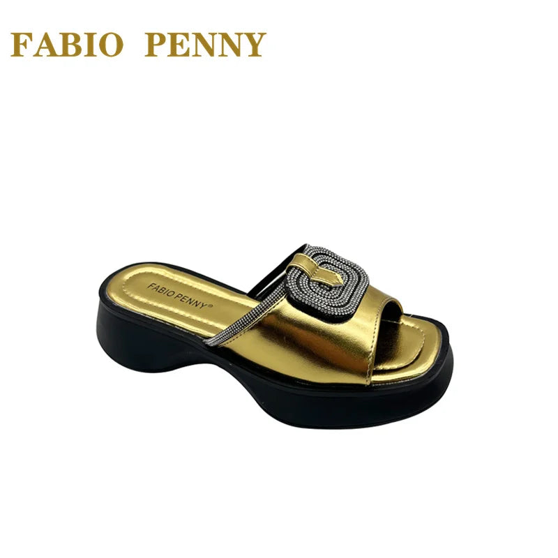 FABIO PENNY2026 new solid-color exquisite water diamond design thick-soled women's fashionable slippers and party sandals