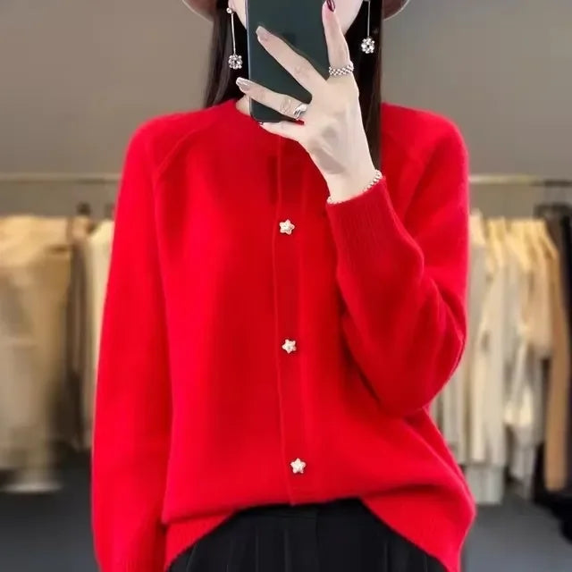 New Women Cardigan Sweater Autumn/Winter Round Neck Star Button Solid Knit Bottoming Shirt Jacket Quality Knitwear Female Tops