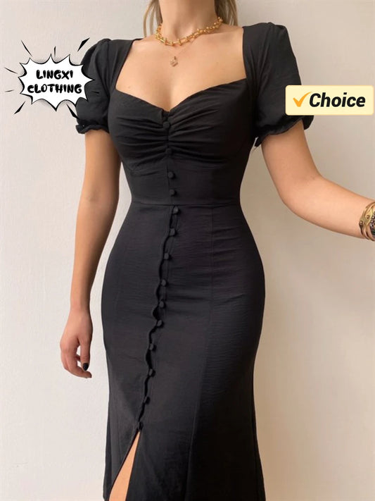 2024 Summer Fashion Summer Skirt Holiday Style Sexy Women's Dress V-neck Single Breasted Shrugged Mid Length Dress