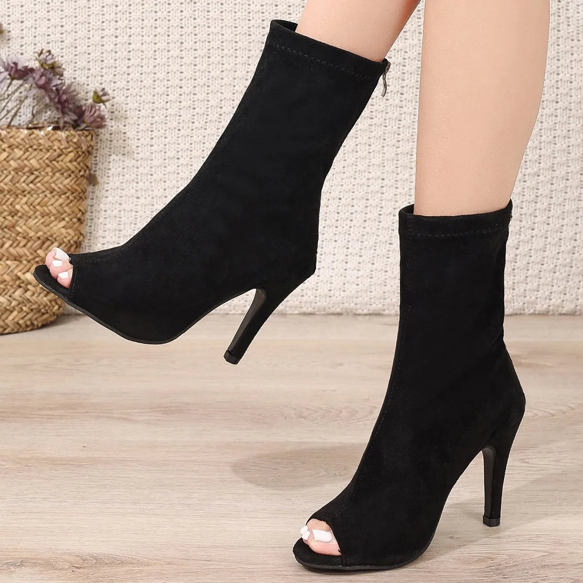Women's High Heels Solid Color Super High Heel Square Toe Fish Mouth Boots Sexy Open-toe Stiletto Sandals
