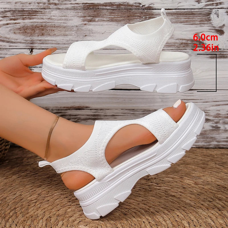 Hollow Out Knit Platform Sandals for Women 2025 Summer Fashion Breathable Sports Sandals Woman Thick Sole Non Slip Walking Shoes