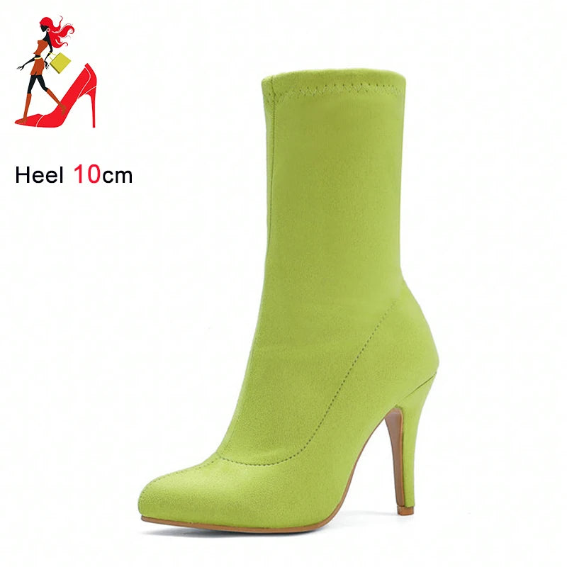 2023 Autumn Winter Sock Short Boots Lady Mid-Calf Thin High Heels Large Size 46 Fashion Women Shoes Elastic Flock Pointed Boots