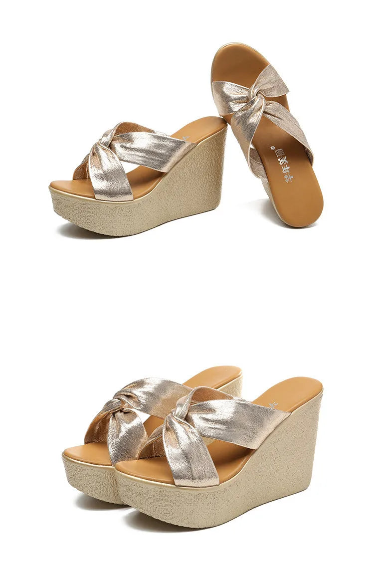 High quality summer wedge sandals for women 8cm 11cm high heel new 2024 size 32 33 43 platform open toe elegant shoe black gold