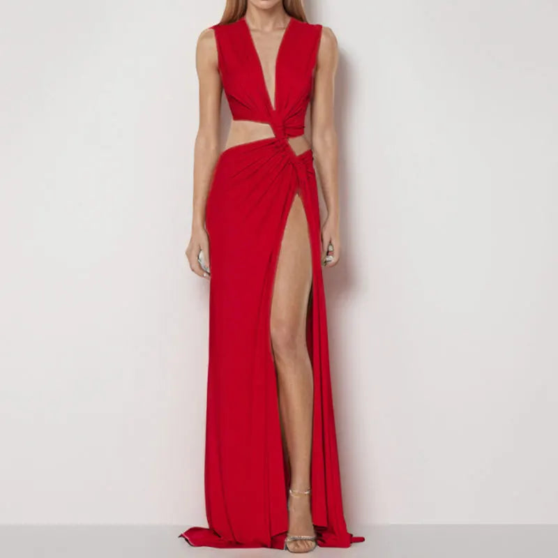 New Summer Elegant Women Sexy Deep V Cut Out Slit Maxi Dress Fashion Casual Sleeveless Waist Hollow Out Outfits Lady Long Dress