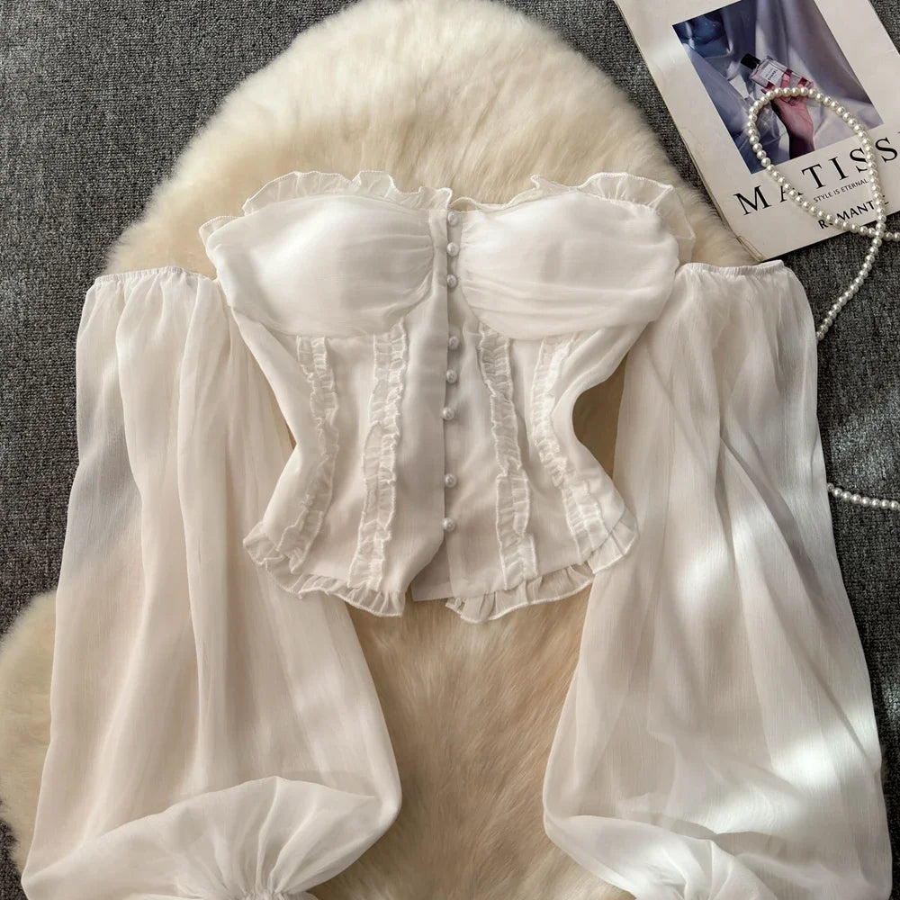 Chiffon Blouse for Women Slash Neck Off Shoulder Solid Color Camisas Ruffles Folds Backless Summer Blusas De Mujer Chic Dropship
