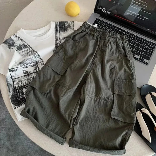 Kids Casual Cargo Shorts Loose Fit Solid Color Multi-Pocket Trousers