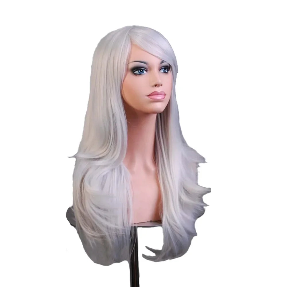 QQXCAIW Long Wavy Cosplay Wig Red Green Purple Pink Black Blue Sliver Gray Blonde Brown 70 Cm Synthetic Hair Wigs