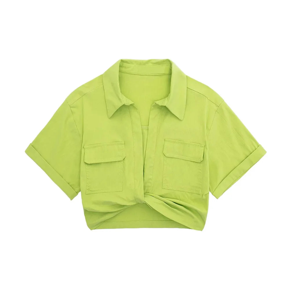 Women Fashion Front Knot Elastic Linen Cropped Shirts Vintage Short Sleeve Patch Pockets Female Blouses Blusa Chic Tops