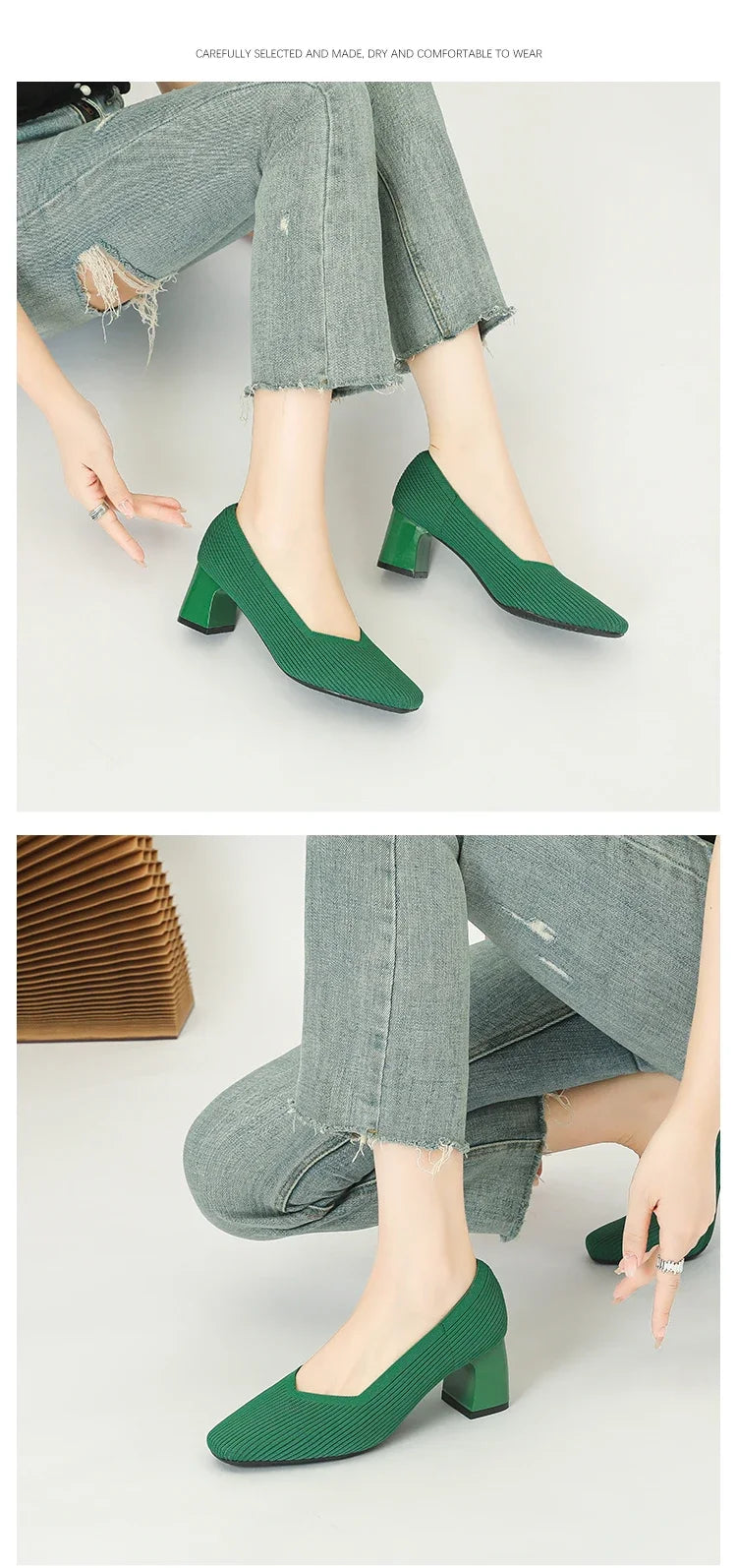 Shoes Woman High Heels Comfortable Square Knitted Breathable Comfortable Women's Flats Shoes (5cm High) 2025 New Collection