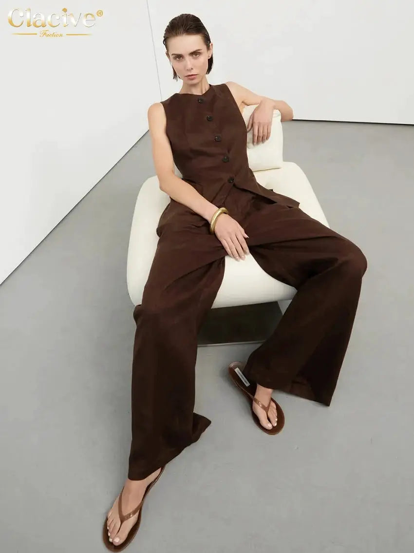 Clacive Summer Slim Brown Linen Pants Set 2 Piece Woman Fashion Sleeveless Tank Top With High Waist Wide Trousers Suits Female BAZAARHUBO