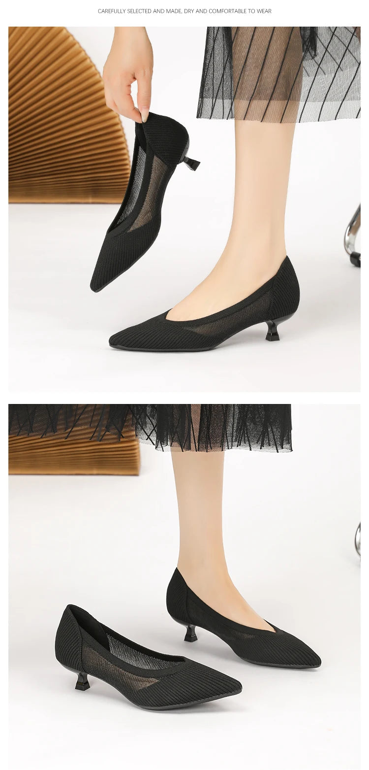 Women's High Heels 2025 New Knitted Breathable Mesh Fine Fashion Comfortable Lightweight Shoes Spring and Autumn