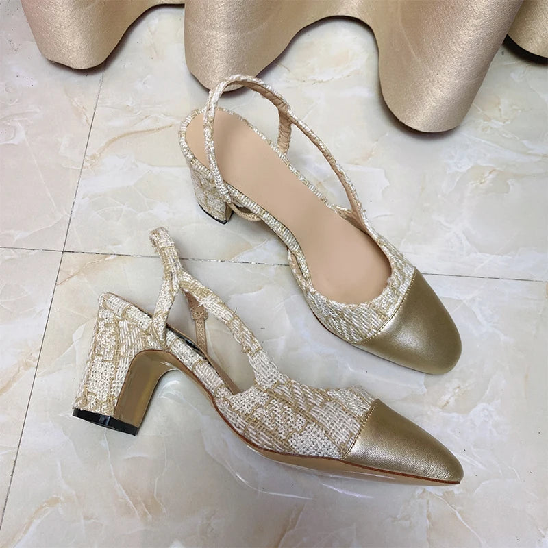 2023Spring Autumn Fashion High Heels Sandals Women's Dress Square Toe Slingback Shoes Women's Color Block Back With Flat Sandals