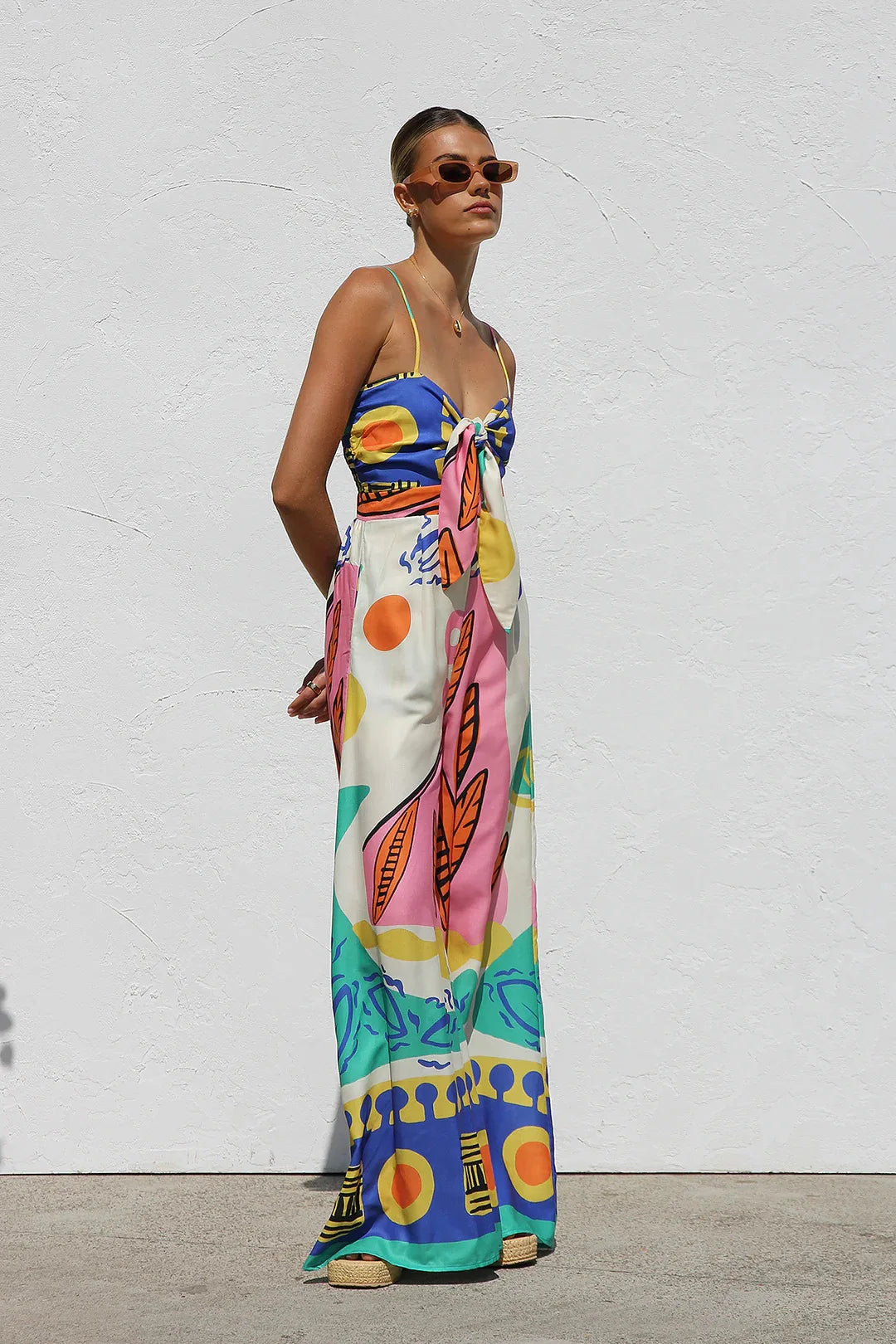 Beach Style Camisole Jumpsuit Waist Hugging Camisole Skirt Bow Tie Wide Leg Pants Vacation Jumpsuit Women's Rompers Dresses