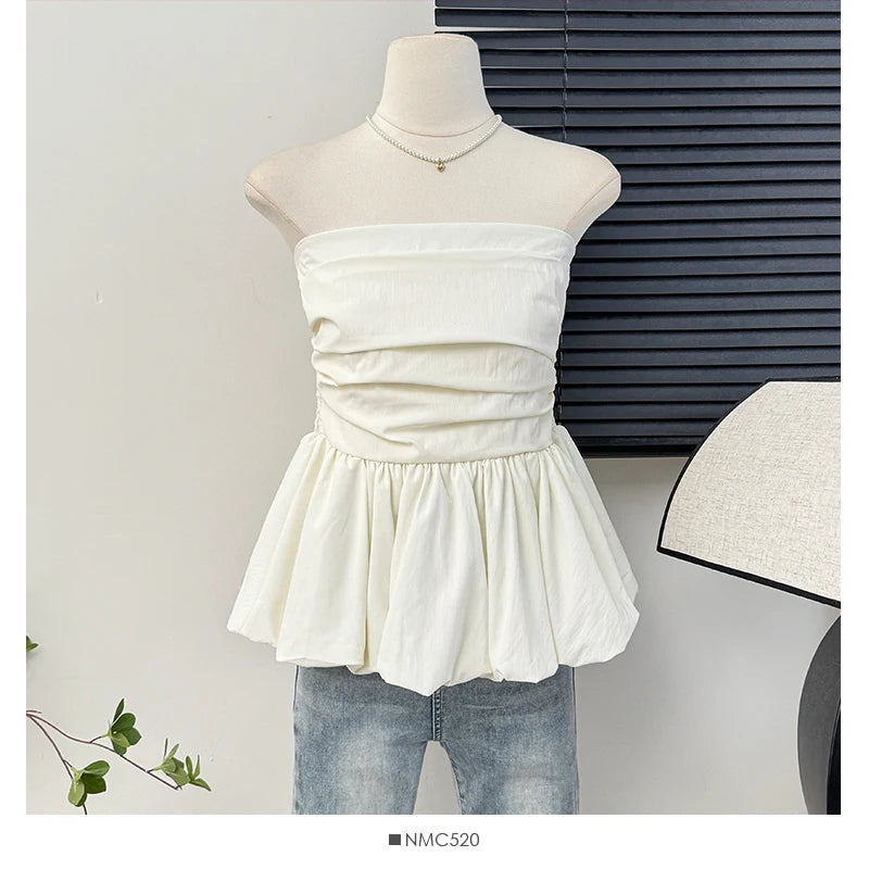 Sexy pleated ruffle Camis Chic  tube top Slim Korean Tanks Top Elegant  off shoulder Crop Top Summer Women Bustier