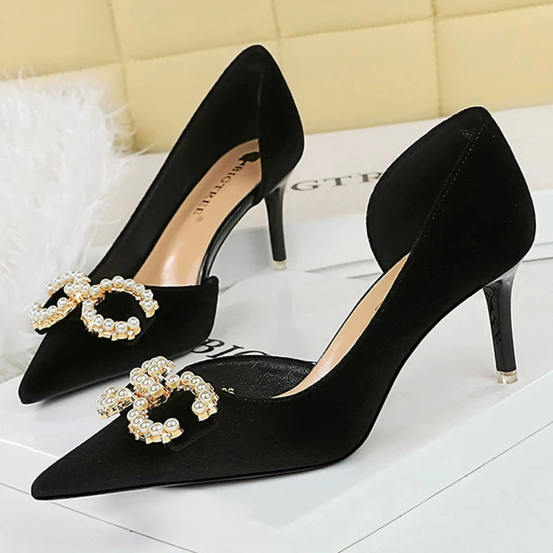 BIGTREE Shoes 7 cm Kitten high heels Rhinestone buckle Pearl Design Women Pumps Suede Ladies Heels Stilettos Luxury party shoes