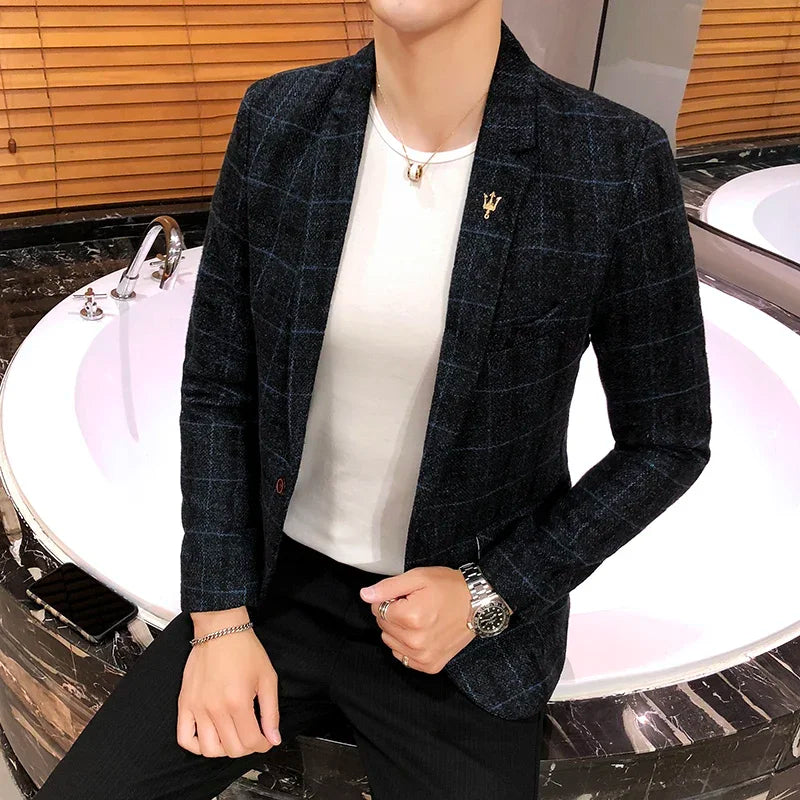 Spring and Autumn New Boutique Japanese Style Print Stand Collar Mens Casual Jacket Slim Male Coat Male Plaid Suit Jacket Blazer