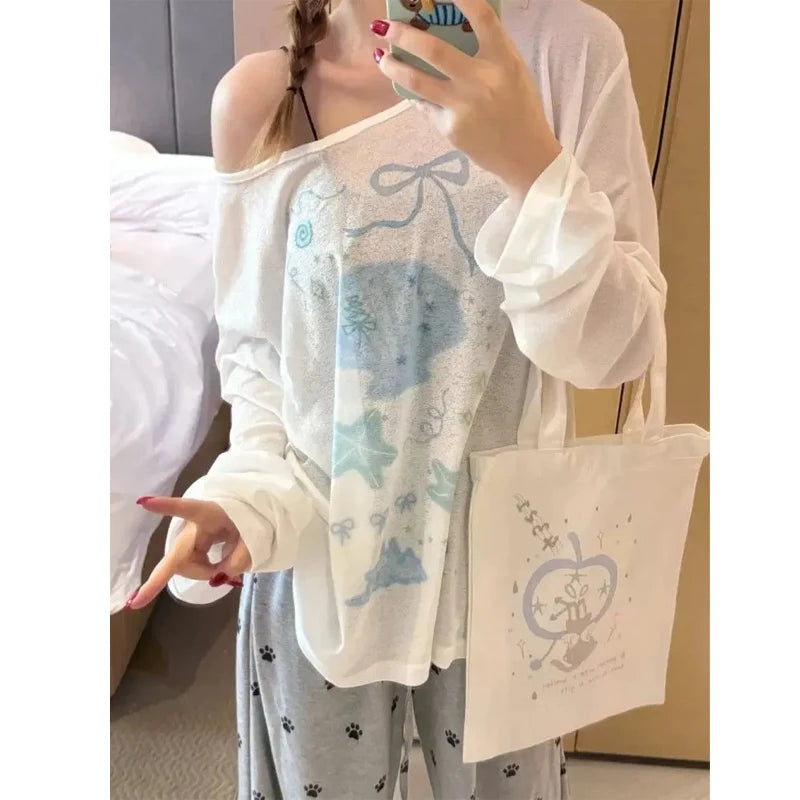 Printing Sexy Perspective Pullovers Top Summer New Long Sleeve Loose Lazy Style Simplicity T Shirts Fashion Casual Women Clothes