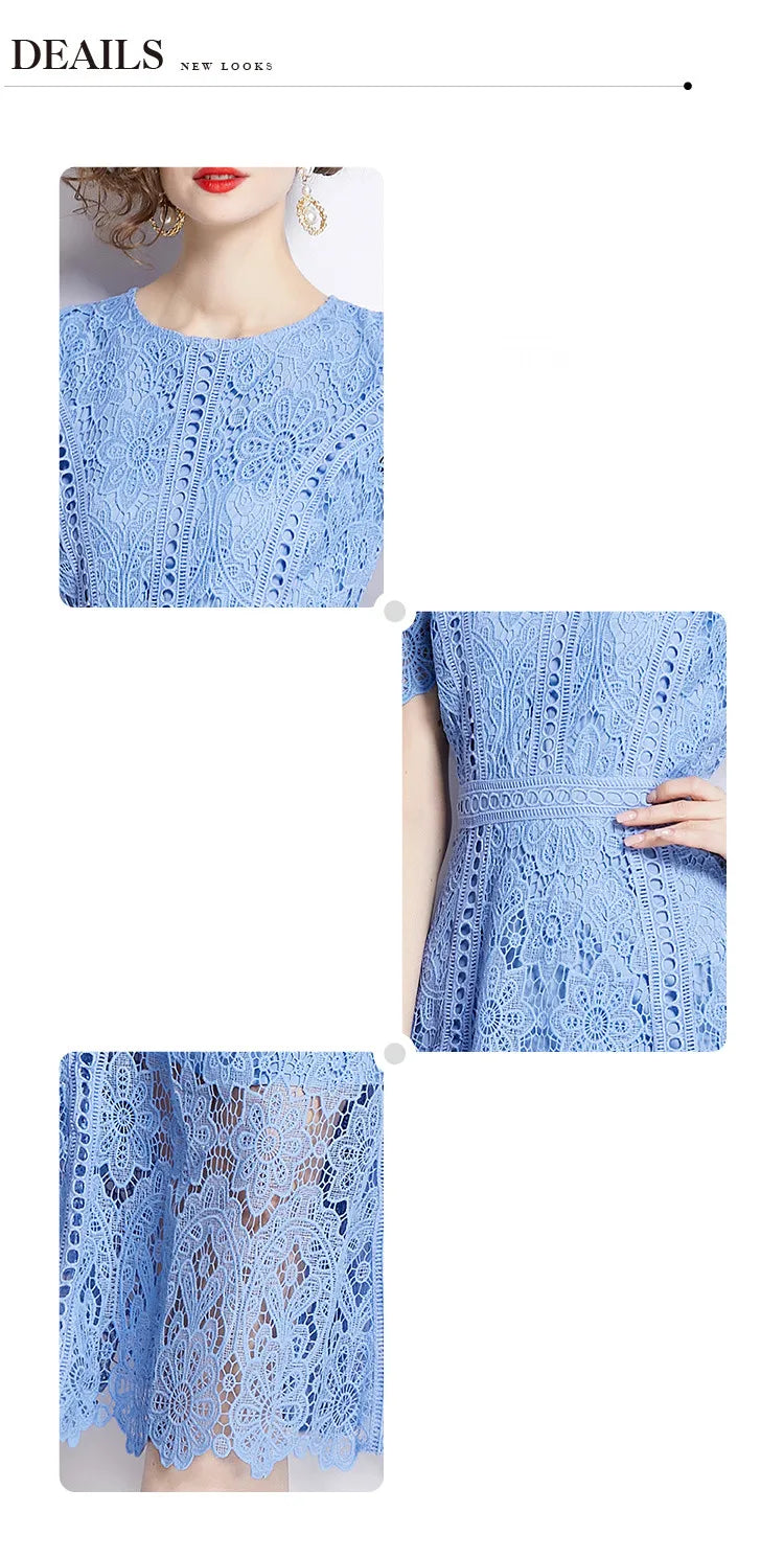 SMTHMA Vintage High-End O-Neck Short Sleeve Lace Hollow Out Dress For Women's Summer Slim Elegant Long Dress Female Clothing
