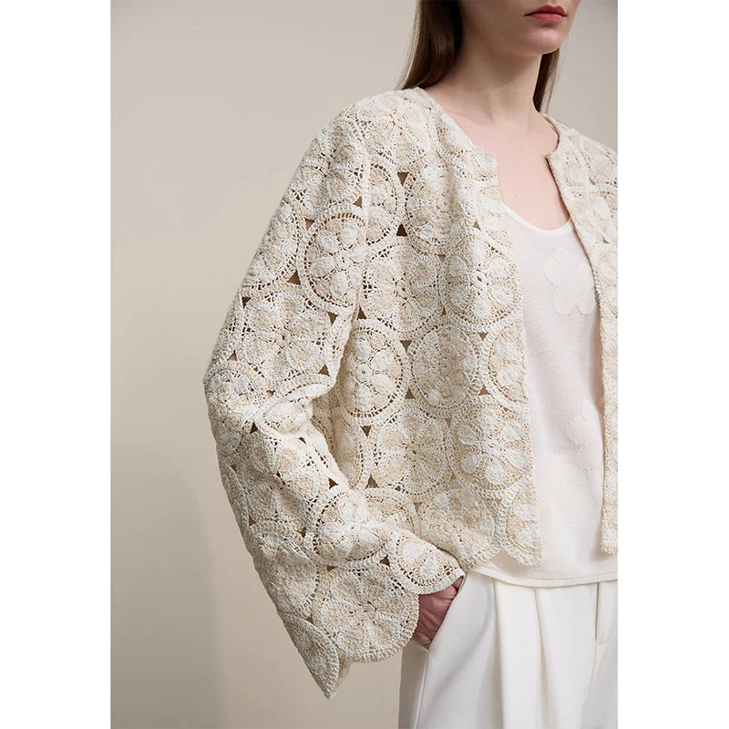 Amii Women Jackets 2026 Spring New Elegant Round Neck Hollow Crochet Jacket Women's Loose Short Cotton Long Sleeve Tops 12621069