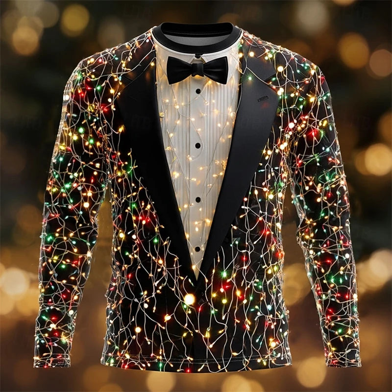 Neon Light Realistic Suit Pattern Christmas T Shirt For Men Funny Fashion 3D Printed Long Sleeve T-shirts Casual Oversized Tees
