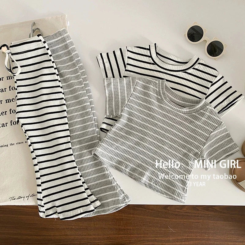 Summer Girls Sets Children's Fashion Striped Suit Kids Short-Sleeved Round Neck Top Trousers 2Pcs Bew Casual Clothing Outfit