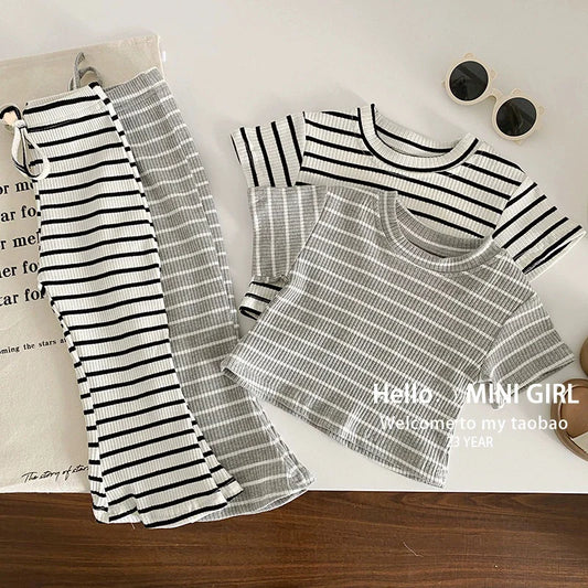 Summer Girls Sets Children's Fashion Striped Suit Kids Short-Sleeved Round Neck Top Trousers 2Pcs Bew Casual Clothing Outfit