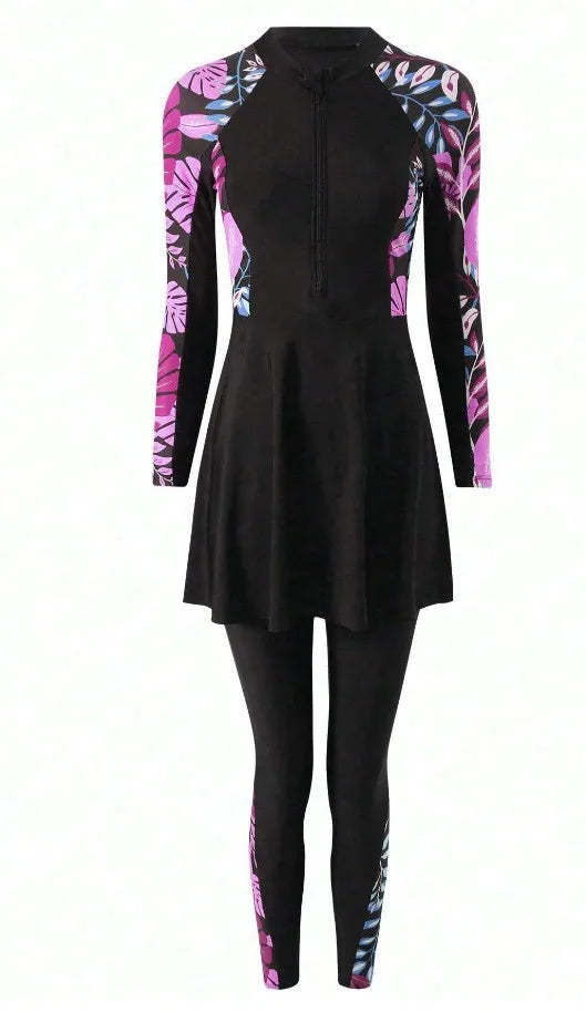 Burkini Femmes Swimwear Long Sleeve Black Tunic Swimsuit Full Leggings Front Zipper Swimming Suit Sun Protection Two Piece