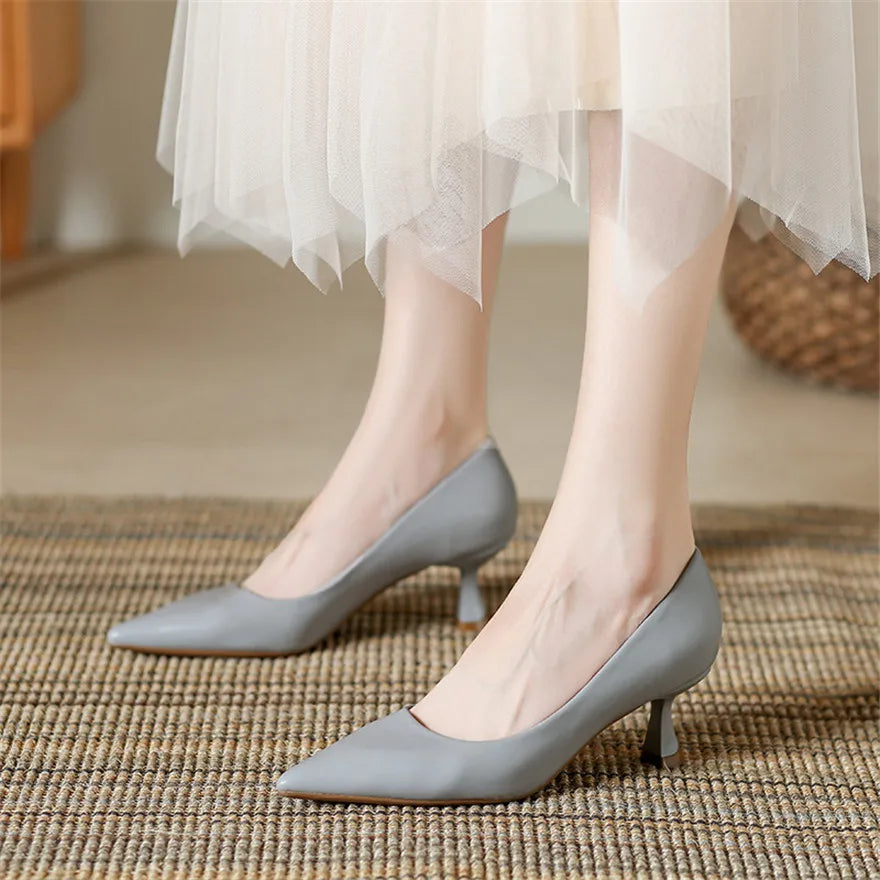 Soft Leather Concise Ladies Office Shoes 2026 Spring Shallow Comfort 6.0cm High Heels Women Pumps Dress Pointy Toe Wedding Shoes