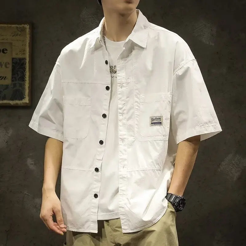 American Casual Short Sleeve Shirt For Men Summer Fashion Comfortable T-shirt 2026 New High Street Plain Lapel blouses hombre