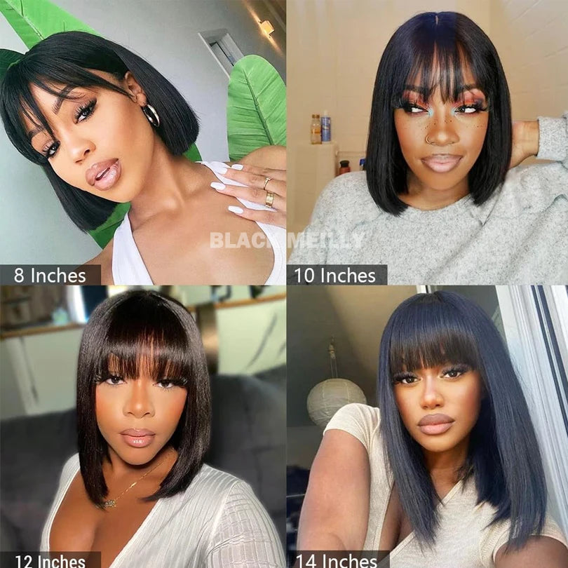 14inch Straight Bob Wig with Bangs Human Hair Realistic Transparent Silk Base Full Lace Short Black Bob Wigs Blunt Cut Bob Wig