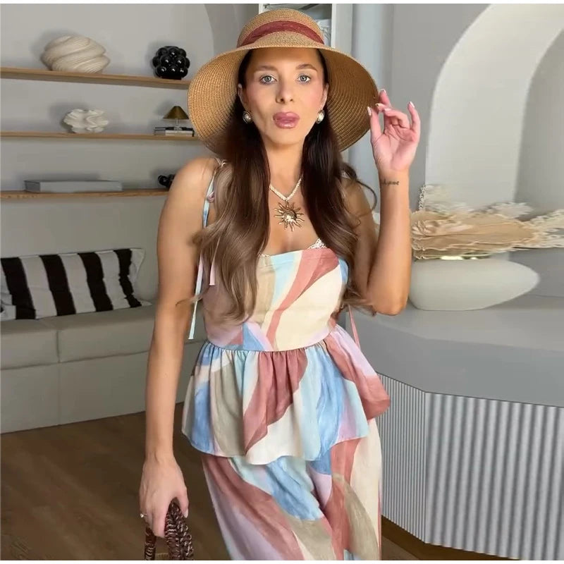 Pastel Print Cami Top Wide Leg Pants Set Ruffle Hem Sleeveless 2026 Summer Vacation Women Co-ord Set Chic Causal Lady Outfit