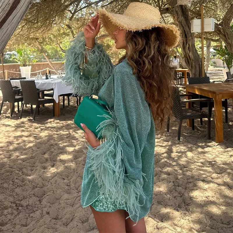 Glitter Feather Oversize Shirt Women Sparkle Stand Collar Long Sleeve Y2K Blouse