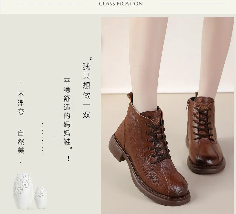 Xiuteng Autumn New Cowhide Mid-Heel Soft-Soled Women's Short Boots Retro Casual Leather  Boots Warm Women's Cotton Shoes