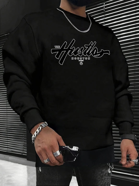 Men's autumn and winter fashionable casual loose Houston letter graphic printed long sleeved round neck sweatshirt