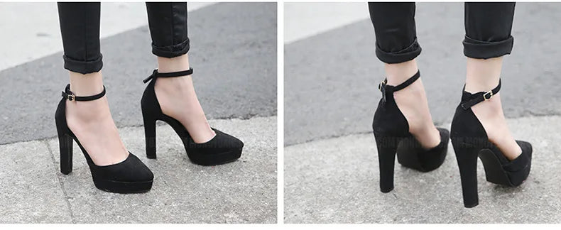 Black Platform Pumps for Women 14cm Spike Heels Ankle Strap Sexy Fashion High Heels Party Wedding Shoes Ladies