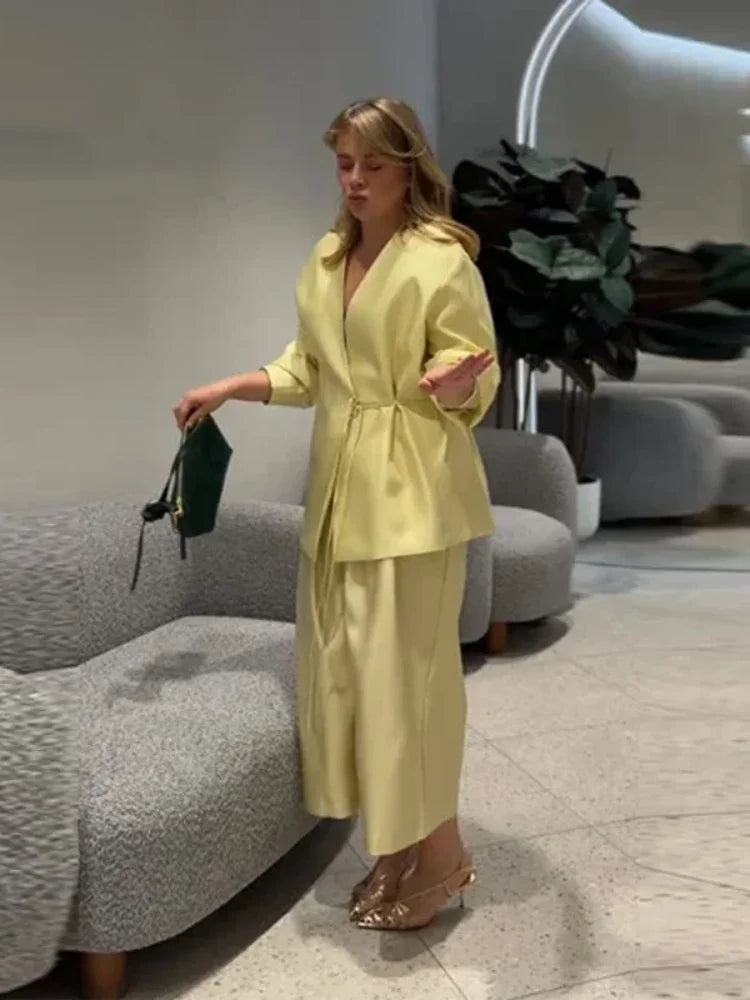 Women Elegant Solid Lace-up Blazer Set Lady Chic V-neck Full Sleeve Loose Coat Wide-leg Pants Suit 2026 Casual Commute Outfit