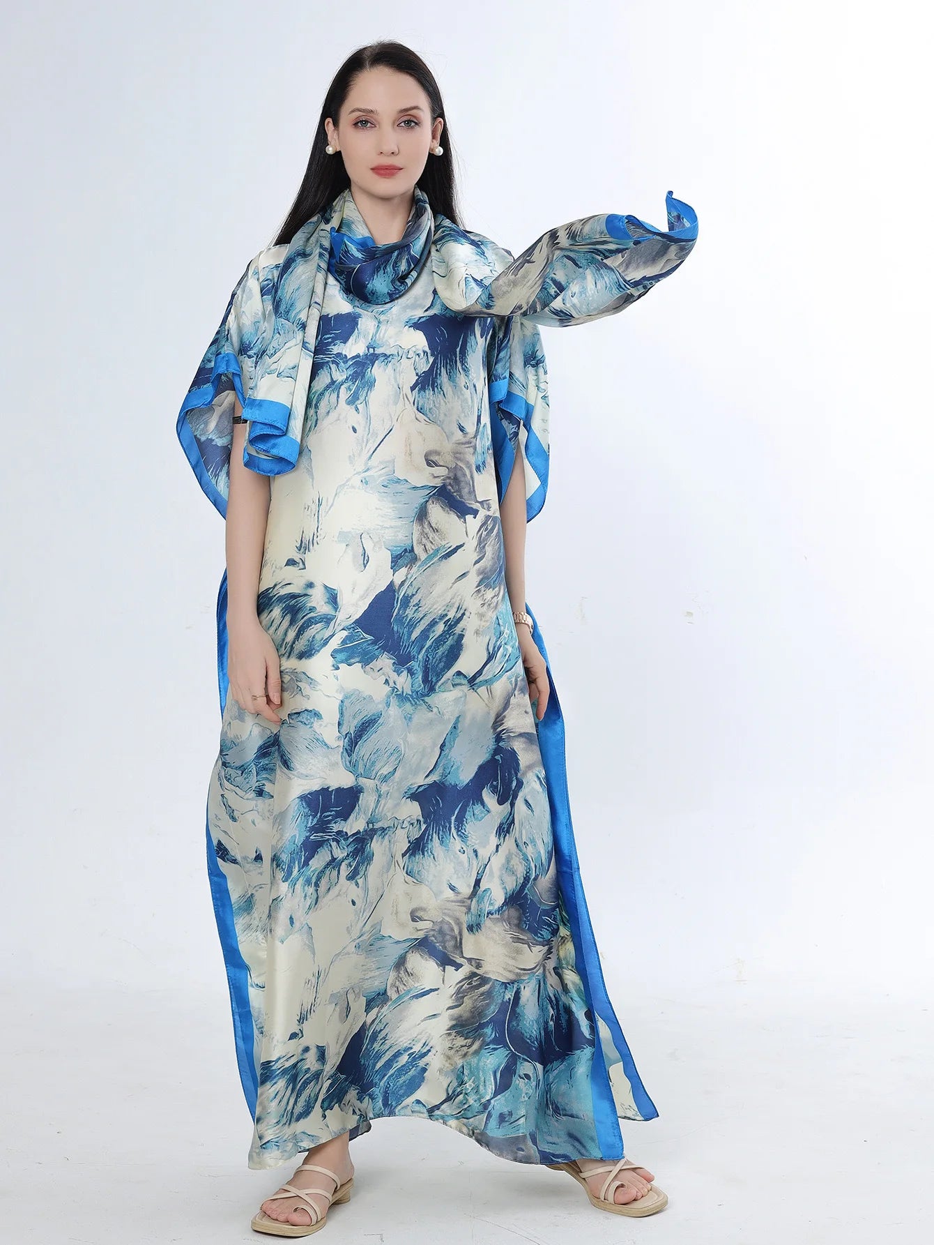 Summer New Fashion African Dresses For Women Elegant Printed Silk Muslim Lady Long Hijab Kaftan Dress Oversize Kuwait Abaya