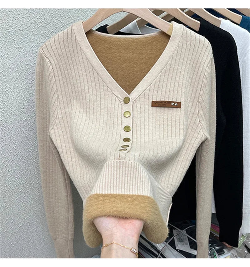 2024 Thicken Velvet V-neck Sweater Women Korean Fashion Lined Warm Sueter Knitted Pullover Slim Top Winter Jersey Knitwear Jumpe