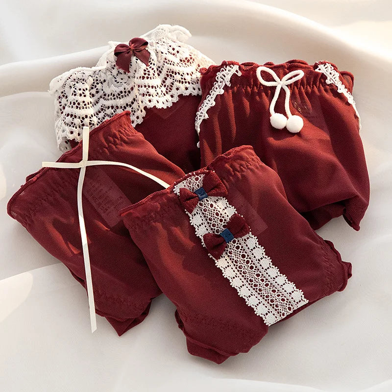 L-XL Women's Underwear Panty Sexy Lace Panties Bowknot Wine Red Brief Med Waist Seamless Underpants Female Lingerie Panties