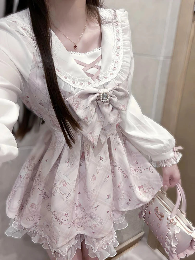 Japanese Sweet Cute Slim Dress Women Kawaii Chic Print Bow Thin Long Sleeve Dresses Female Design Pretty Lovely New Clothing