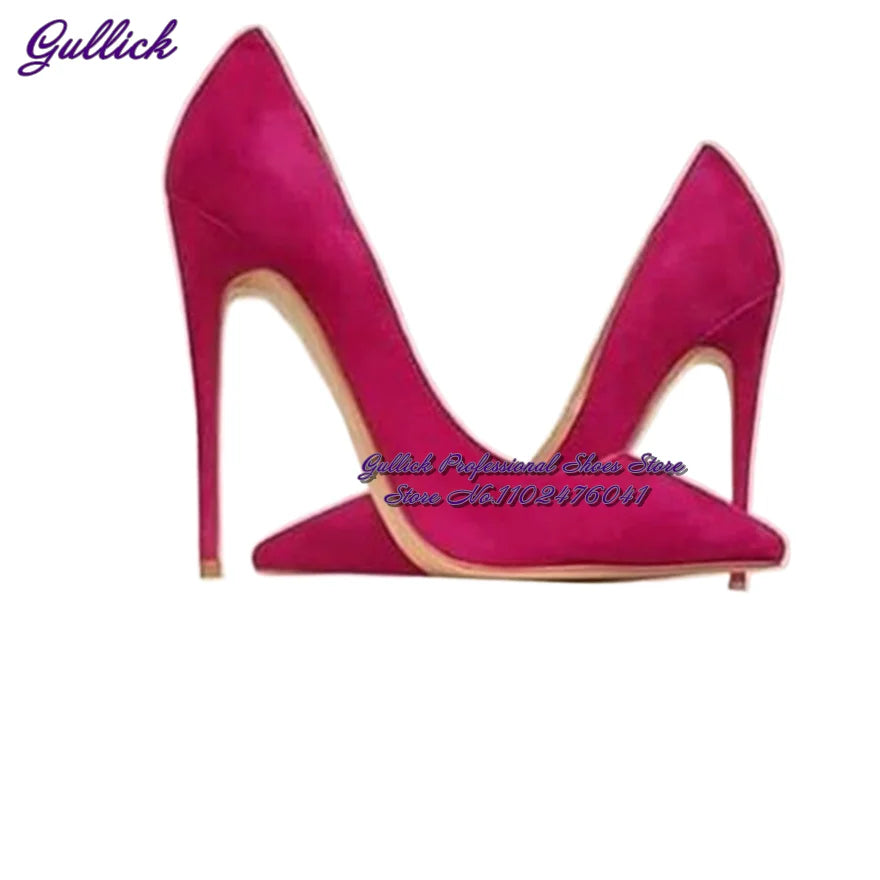 Gullick Women Hot Pink Suede High Heel Shoes 12Cm 10Cm 8Cm Stilettos Slip-On Pointed Toe Wedding Shoes Shallow Pumps Size45