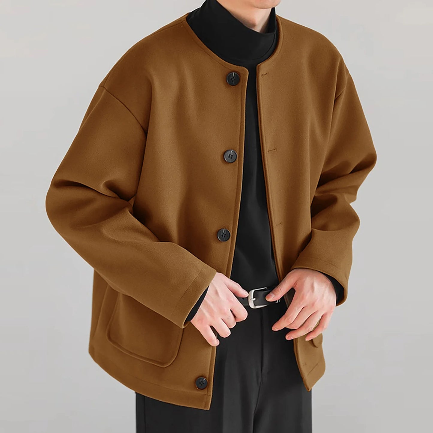 Korean Style Popular Double Side Jackets for Men Light Luxury Solid Fashion Button-up Neckless Woolen Coats Men Leisure Jackets