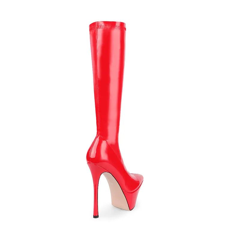 New Women Knee High Boots Patent Leather Pointed 15cm High Heels Winter Short Plush Waterproof Platform Girl Boots Large 34-45