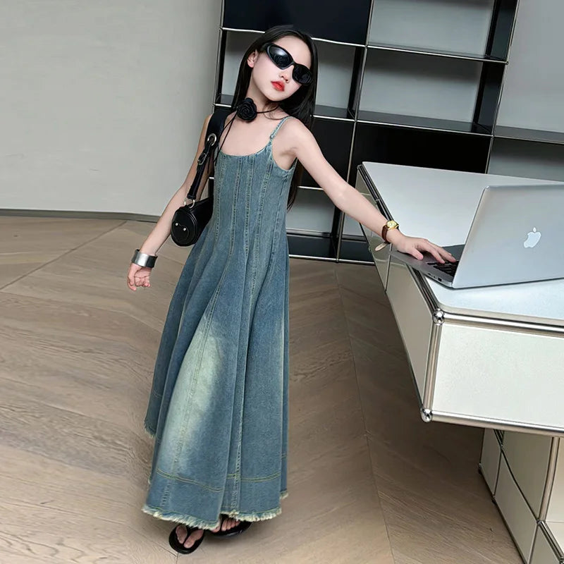 Kids Luxury Clothing Summer Denim Dress with Straps for Teenage Girls High Fashion Streetwear Outfit Children Casual Jeans Dress