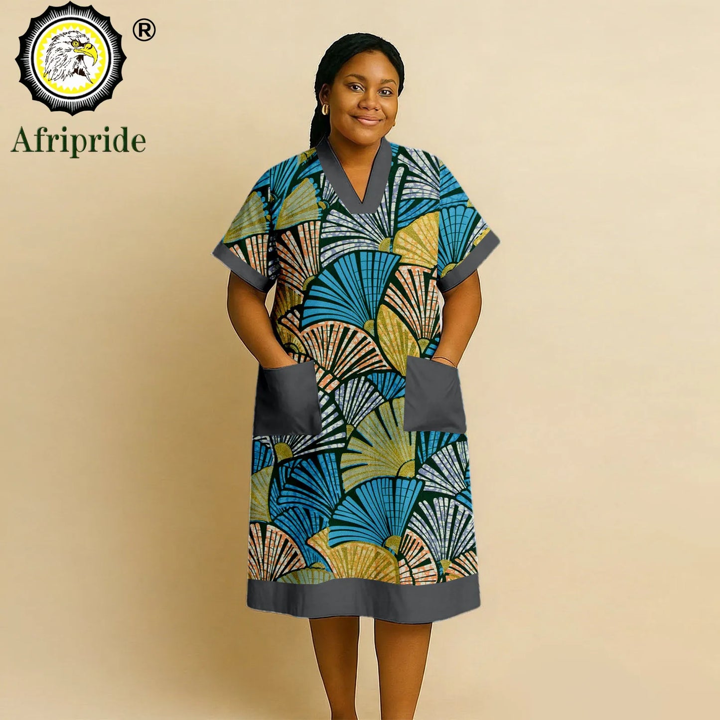 African Dresses for Women Short Sleeve V-Neck High Waist Pocket Elegant Fashion Ankara Attire Floral Printed Dresses 2625032