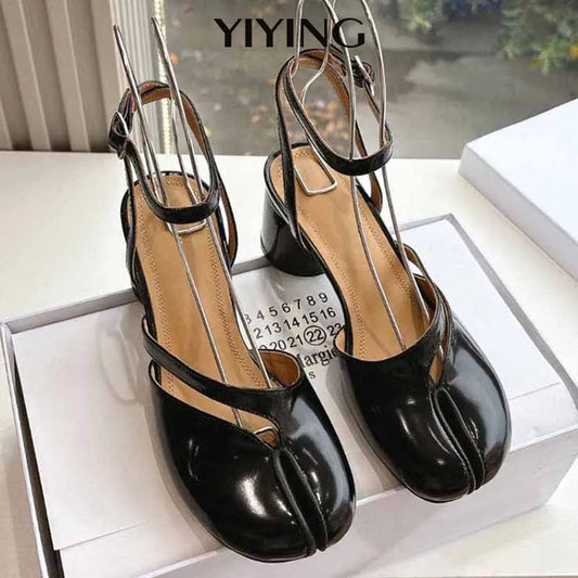 New Fashion Patent Leather Cross Belt Tabi Women's Pumps Spring and Summer Slingbags Split Toe Thick High Heels Chunky Shoes