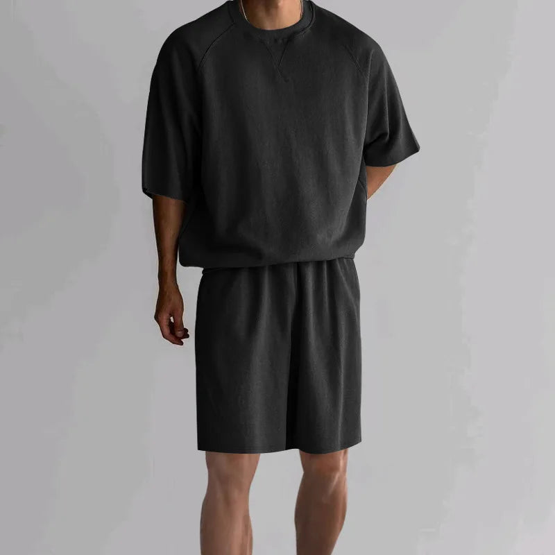 New 2026 Summer Men's Two Piece Sets Casual Loose Short Sleeve O Neck Tees and Shorts Tracksuits Men Stylish Solid Color Suits